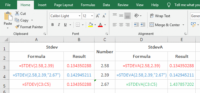 StdevA and Stdev compare and count examples of text numeric counts and ignores in Excel