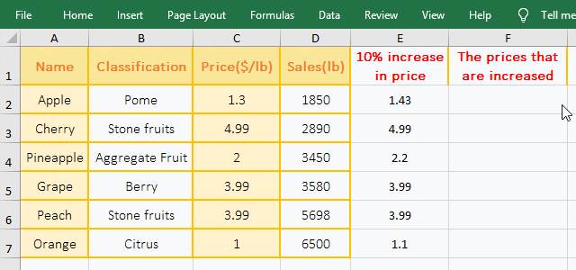 Return only the prices that are increased with Product function