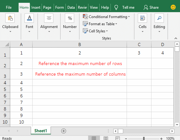 The cell to be referenced is the maximum number of rows 1048576 or columns 16384(XFD) allowed by Excel