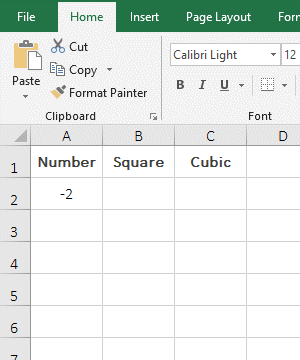 Calculate the square cube of the negative number in Excel