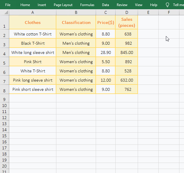 How to move table in excel