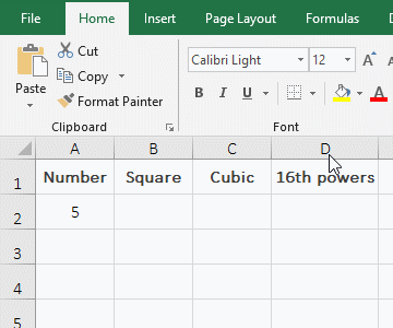 Calculated the square, cubic and Nth power with the caret(^) in Excel