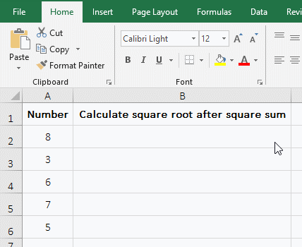 Calculate square root after square sum with SUMSQ function in Excel