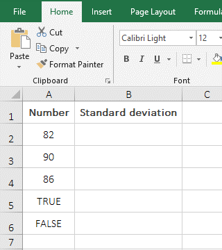 Calculate the standard deviation of numerical values, text values, and logical values ??with StdevA in Excel