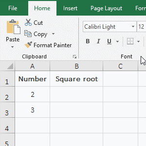 Calculate square root with the caret(^) in Excel