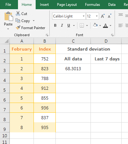 Calculate the standard deviation of sample of the last 7 days
 in Excel