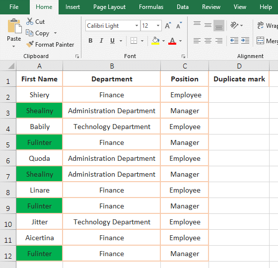 The first duplicate item is marked 1, and the second item is marked with a value greater than 1 in excel