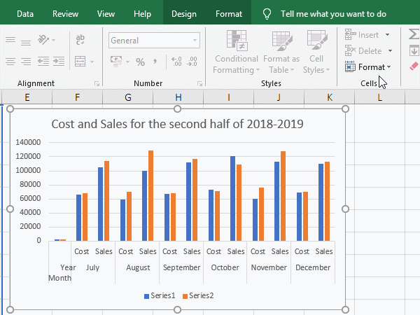 Hide the field YearMonth and modify series in Excel chart