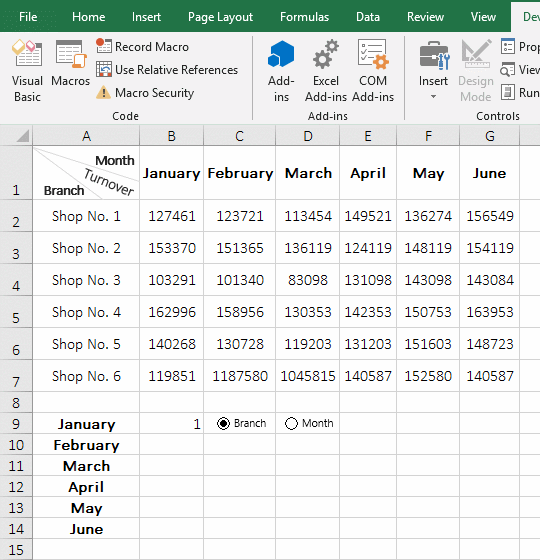 Add a reference to the option control with the Definition name in Excel