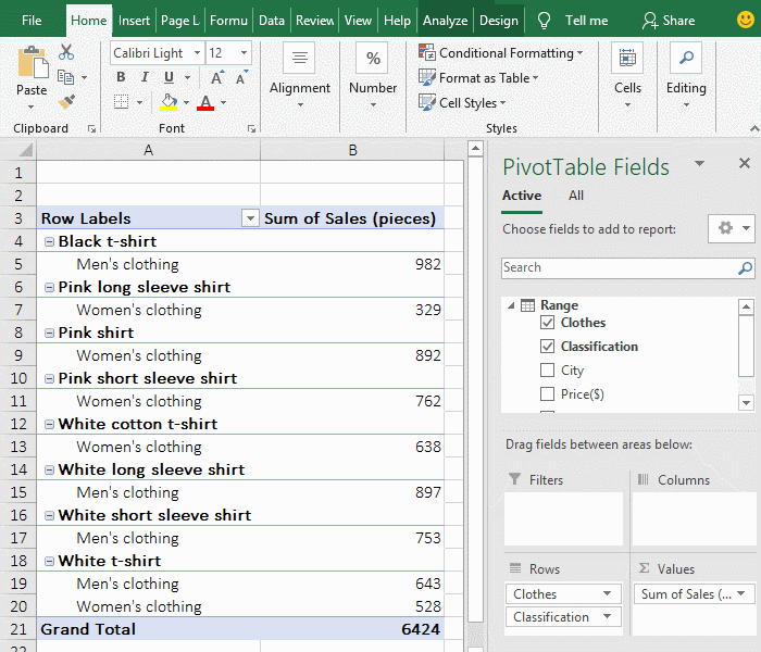  The area Columns or Excel PivotTable