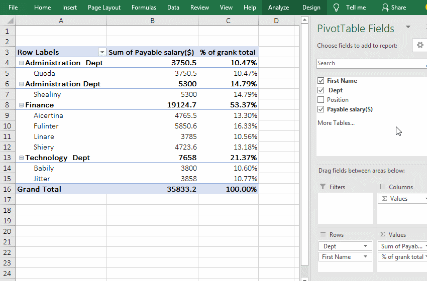 Excel pivot table percentage of an item(% of ...)