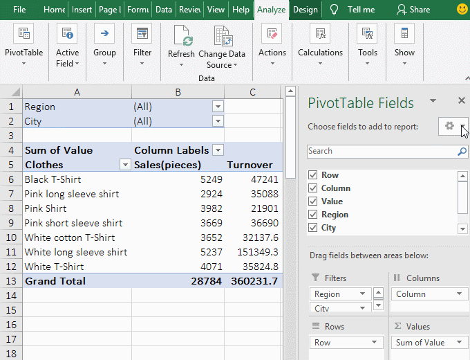 Subtotal sales and turnover in each city in povit table in excel