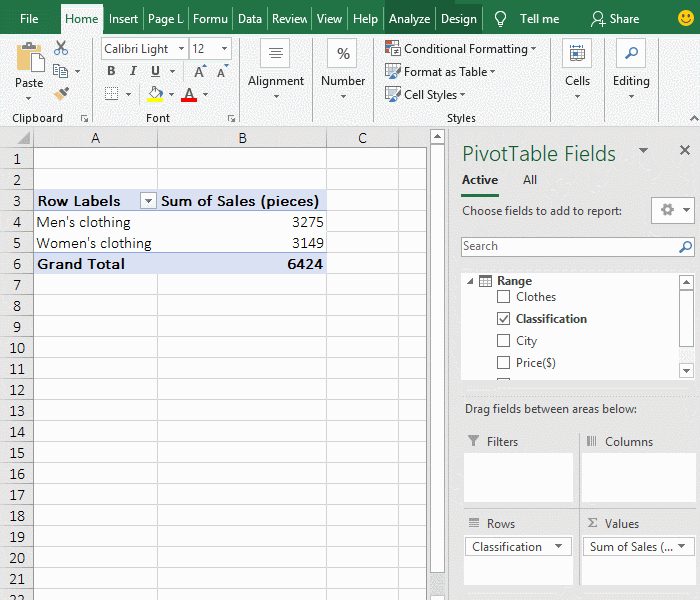 The four areas of Excel PivotTable