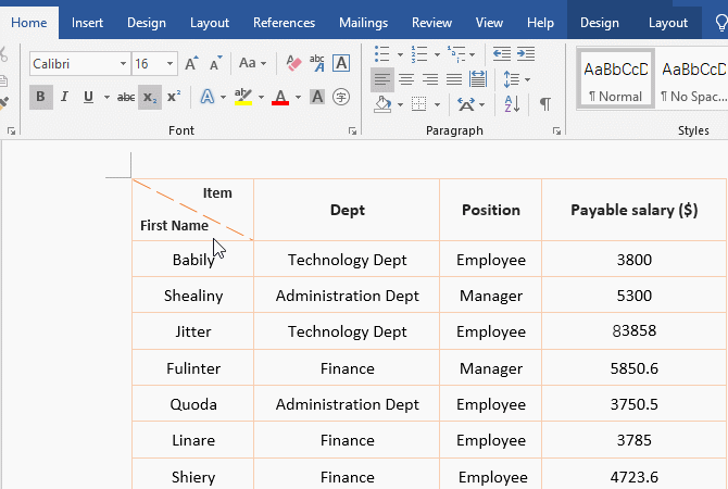 How to delete the diagonal line in the table in Word