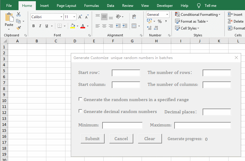 Generate unique integer random numbers in the specified range, number of rows, and number of columns with VBA in Excel