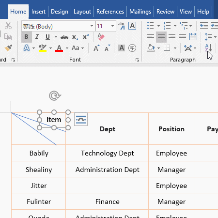 Continue adding text for double diagonal lines in Word