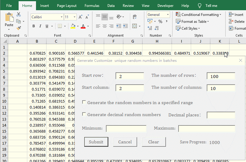 Generate a unique random number with two decimal places with VBA in Excel