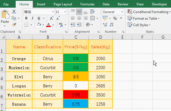 Excel sort, Choose the color method