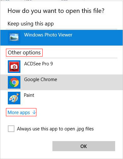Choose another app in Windows 10