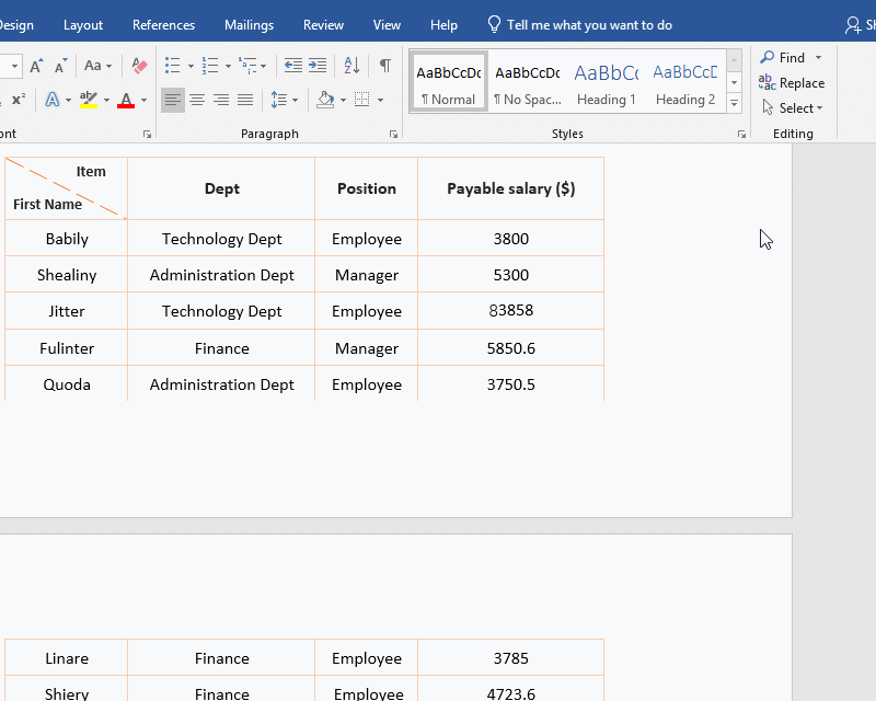 Header row won't repeat in word table