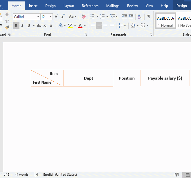 Word each row of table occupies one page