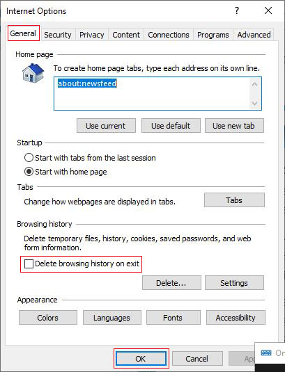 Delete browsing history on exit in Internet Explorer