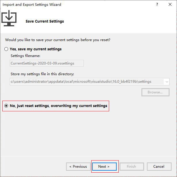 Visual Studio Save current settings