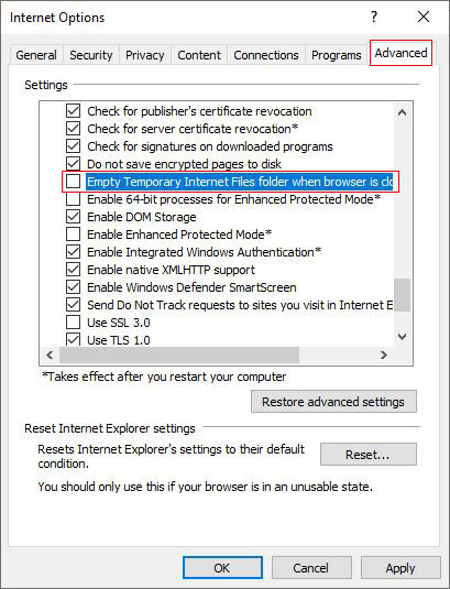 Empty Temporary Internet Files folder when browser is closed