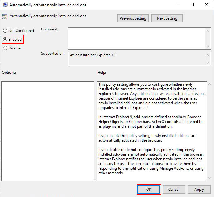Enabling the disable and enable functionality of the Internet Explorer add-ons in Group Policy