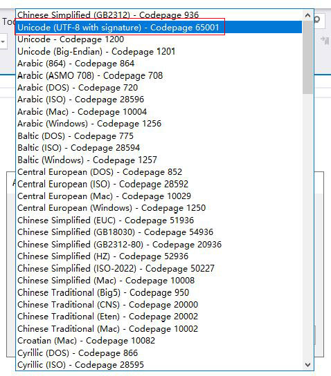 Visual Studio Unicode (UTF-8 with signature) - Codepage 65001