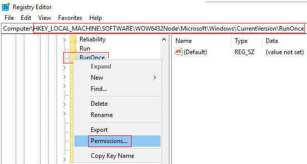 locate the registration key(RunOnce) in windows