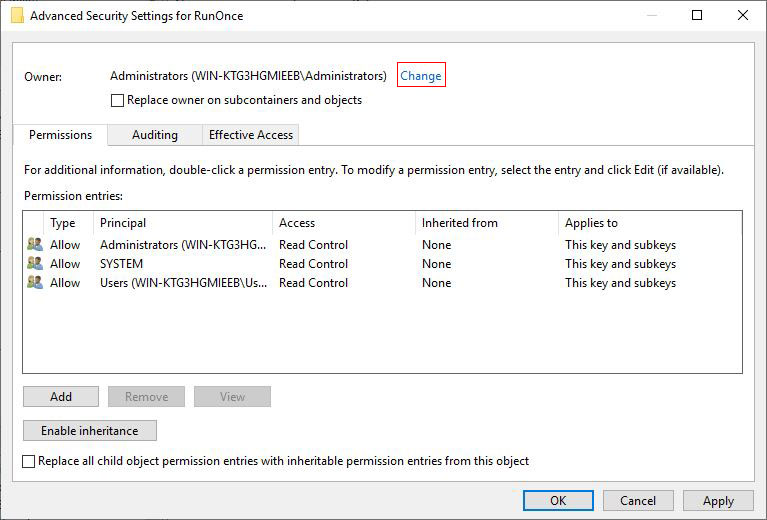 Change the owner of registered key in Windows 10