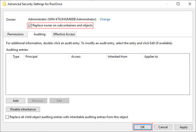 Advanced Security Settings for RunOnce in windows