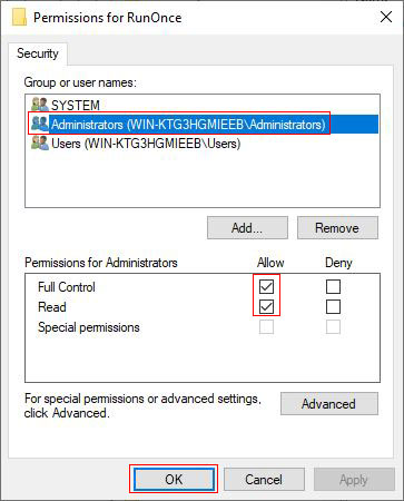 Permissions for RunOnce in windows
