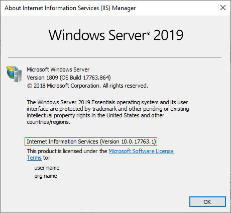 iis version is 10 in windows server 2019