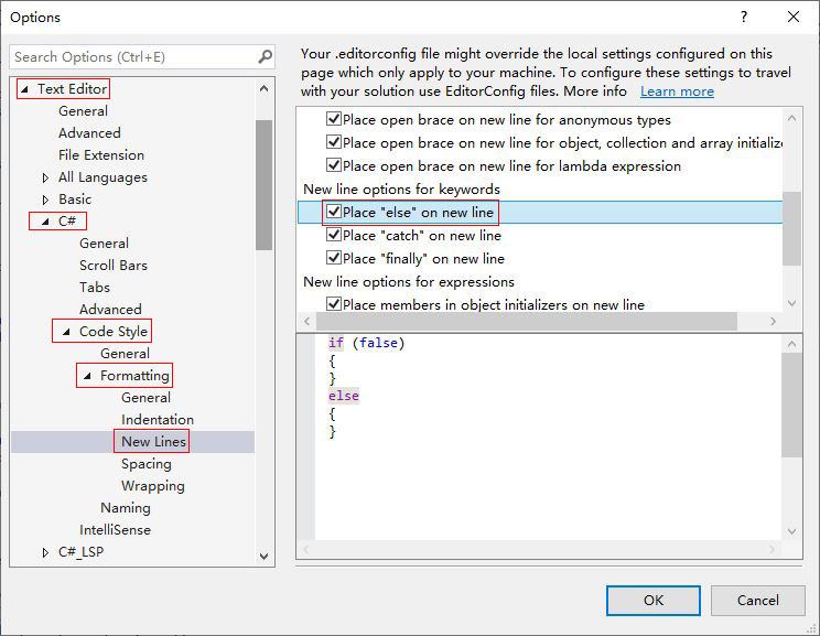 Visual studio braces on new line