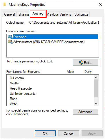 open MachineKeys Properties dialog box