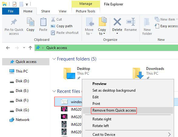 Remove from Quick access in windows 10