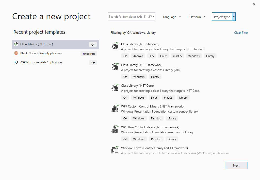 How to create a new project in Visual Studio 2019