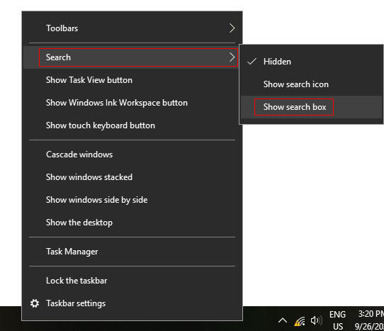 Show search box on taskbar windows 10