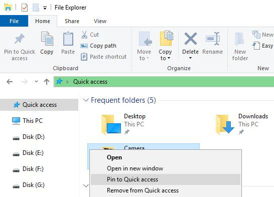Pin to Quick Access in windows 10