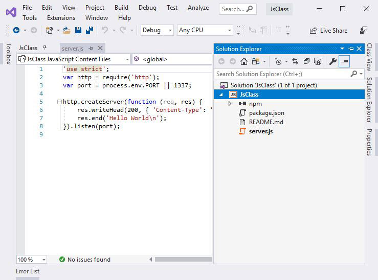 Create a Javascript project in Visual Studio 2019