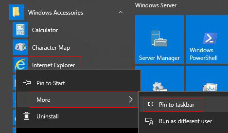 How to pin Internet Explorer to taskbar windows 10