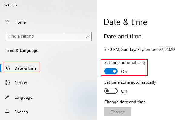 Set time automatically in Windows 10