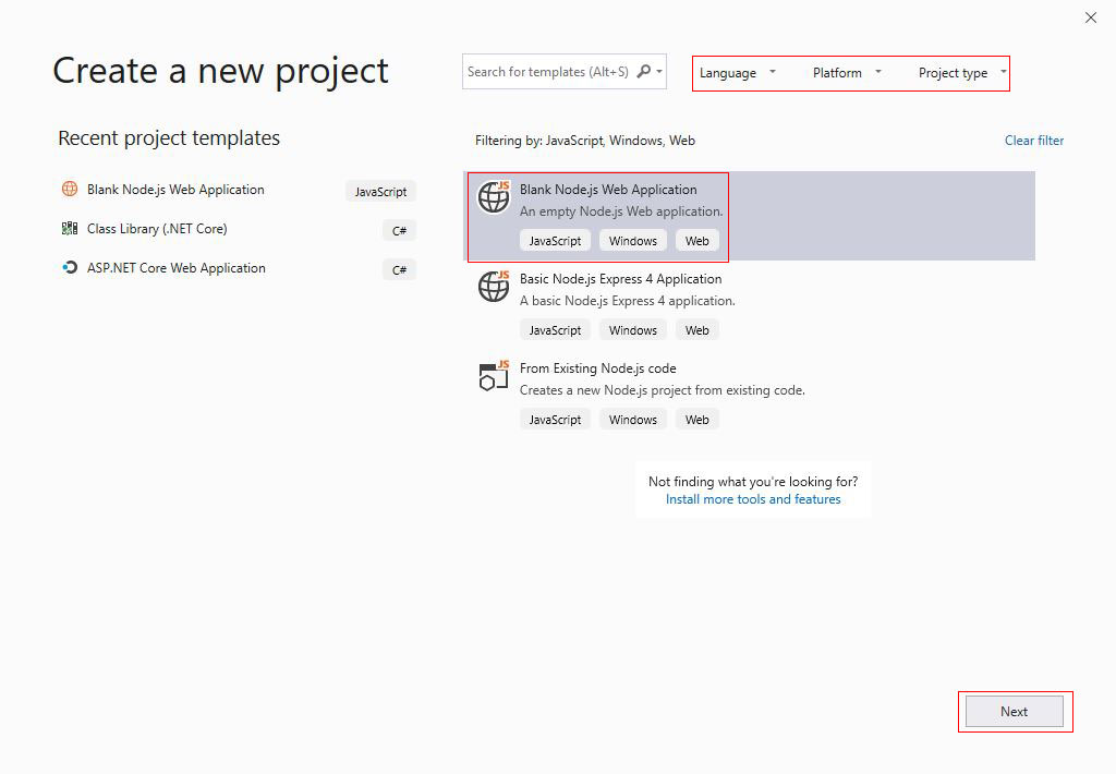 How to create create Javascript project in Visual Studio 2019