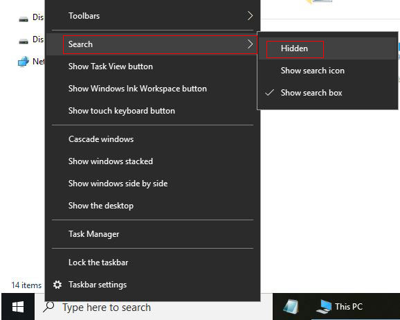 Windows 10 taskbar hide search box
