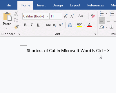 Use shortcut of Cut in Microsoft Word to Cut