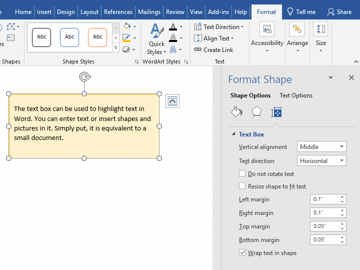 Resize shape to fit text in text box in Word