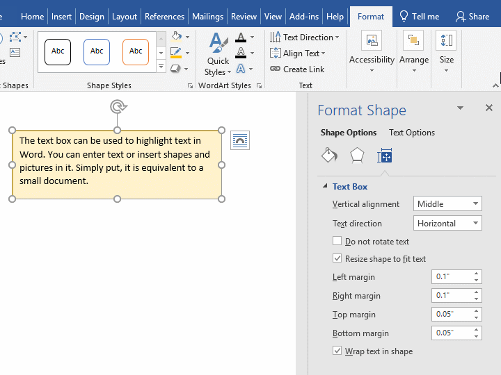 Left margin of text box in Word