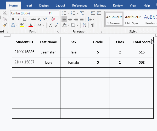 The two tables are not aligned in Word